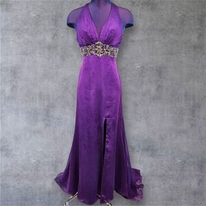 Riva Designs Purple Halter Neck Beaded Waist Gown Formal Evening Dress Prom 4